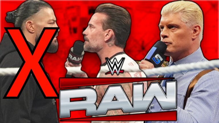 WWE Raw logo with CM Punk, Roman Reigns, Cody Rhodes
