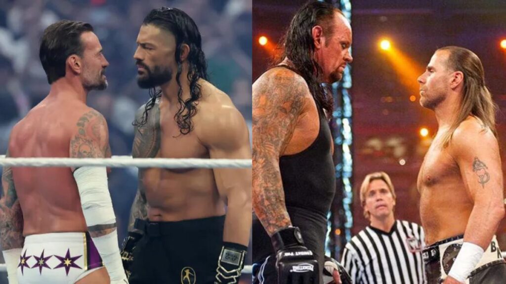 CM Punk and Roman Reigns at WWE WrestleMania 42 next to Undertaker and Shawn Michaels at WrestleMania 26