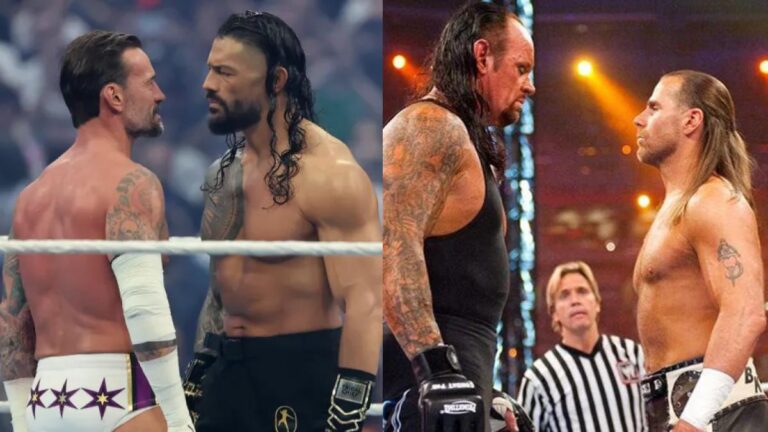 CM Punk and Roman Reigns at WWE WrestleMania 42 next to Undertaker and Shawn Michaels at WrestleMania 26