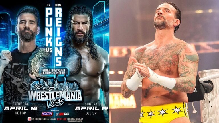 CM Punk & Roman Reigns WWE WrestleMania 42 poster alongside Punk from WrestleMania 41