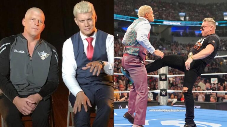 Cody Rhodes and Dustin Rhodes in AEW, next to Pat McAfee kicking Cody Rhodes on WWE SmackDown