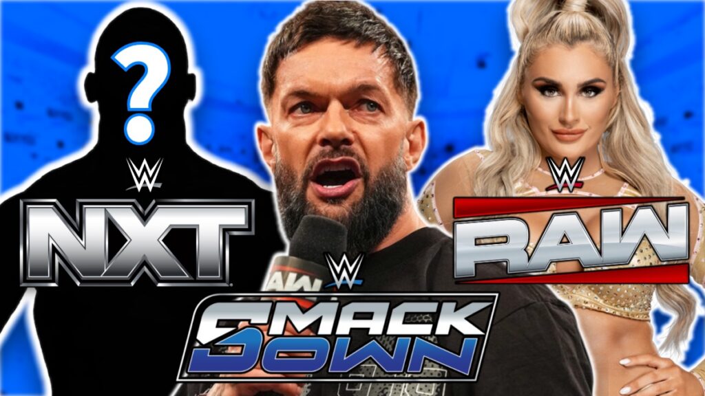 WWE Raw, SmackDown and NXT logos with Finn Balor and Tiffany Stratton
