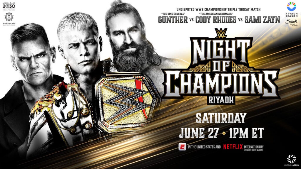 WWE Night of Champions graphic for Cody Rhodes vs GUNTHER vs Sami Zayn