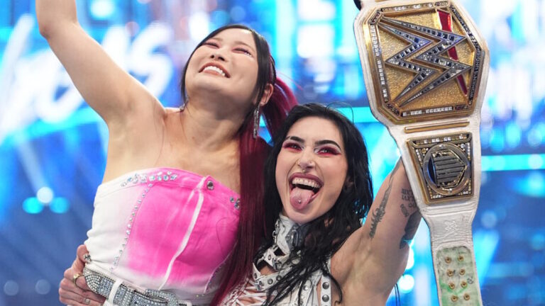 IYO SKY celebrates with Rhea Ripley at WWE WrestleMania 42