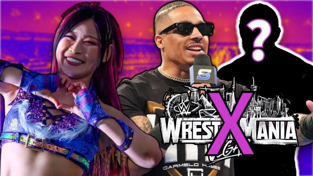 WWE WrestleMania 42 logo crossed out with IYO SKY and Carmelo Hayes