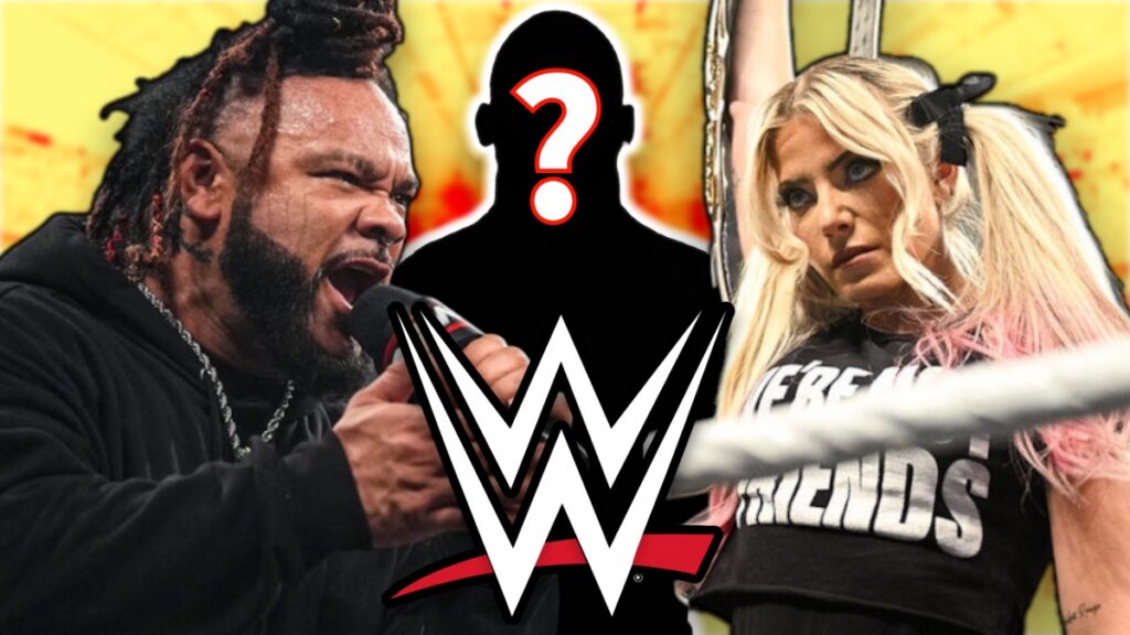 WWE logo with Jacob Fatu and Alexa Bliss