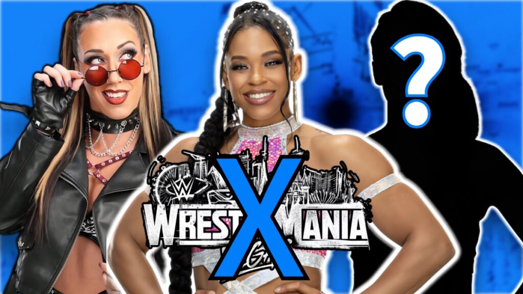 WWE WrestleMania 42 logo crossed out with Jacy Jayne and Bianca Belair