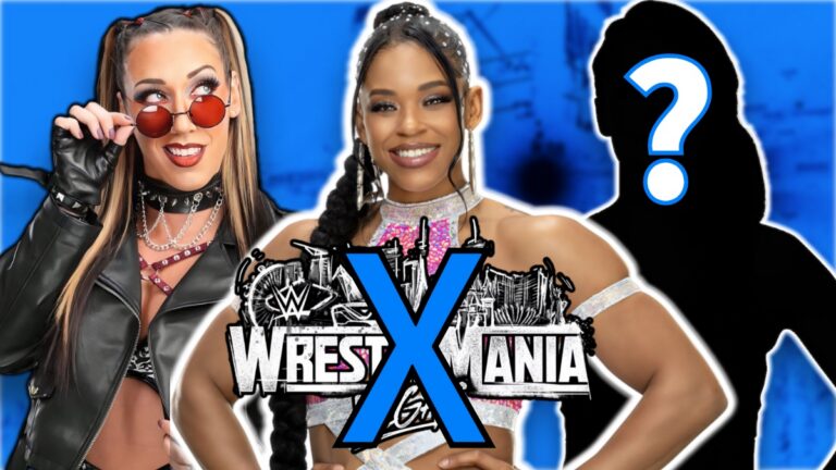 WWE WrestleMania 42 logo crossed out with Jacy Jayne and Bianca Belair
