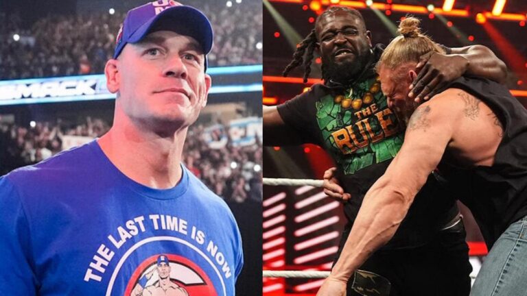 WWE's John Cena next to Brock Lesnar and Oba Femi