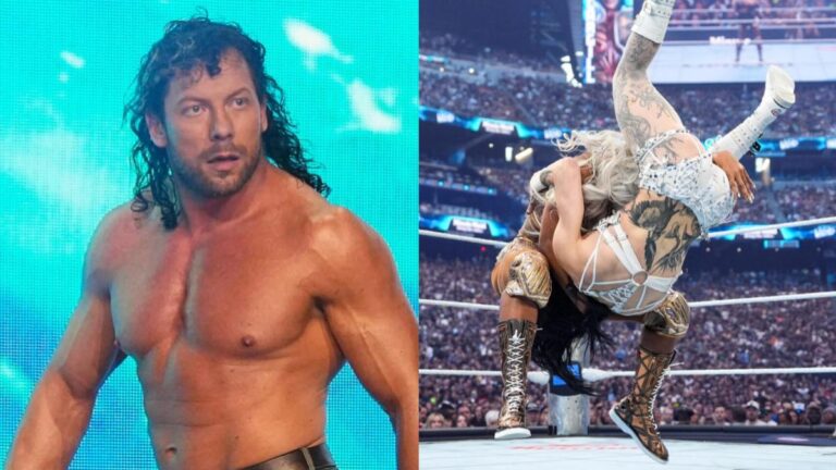 AEW's Kenny Omega next to Jade Cargill hitting the Sandstorm aka One Winged Angel on Rhea Ripley