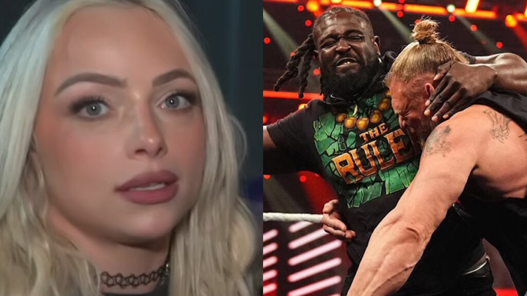 Liv Morgan, next to Oba Femi & Brock Lesnar in WWE