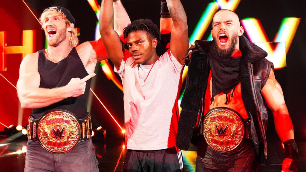 WWE World Tag Team Champions Austin Theory and Logan Paul with IShowSpeed on Raw