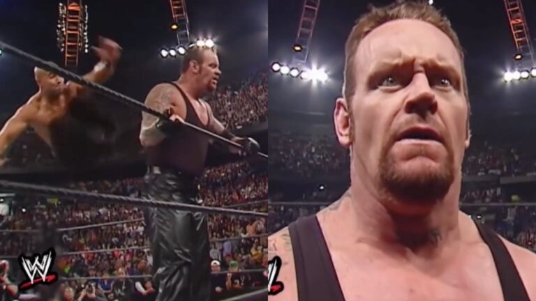 Maven Dropkciking The Undertaker at WWE Royal Rumble 2002