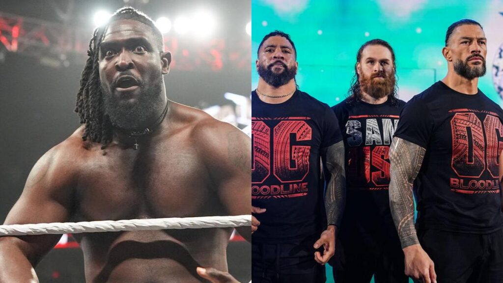 WWE star Oba Femi next to Roman Reigns, Sami Zayn and Jey Uso of the OG Bloodline