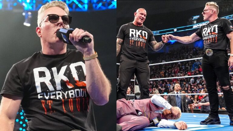 WWE's Pat McAfee on the mic alongside he and Randy Orton fit bumping over Cody Rhodes' body