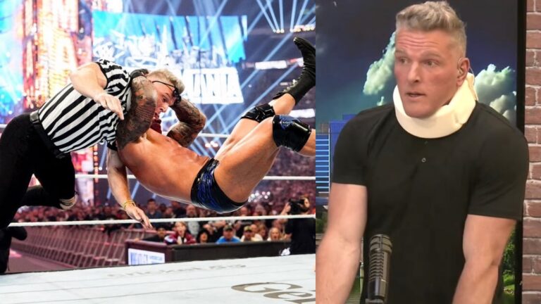 Pat McAfee on The Pat McAfee Show alongside Randy Orton hitting an RKO on him at WWE WrestleMania 42