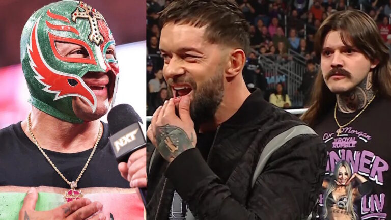 WWE stars Rey Mysterio, Finn Balor and Dominik Mysterio