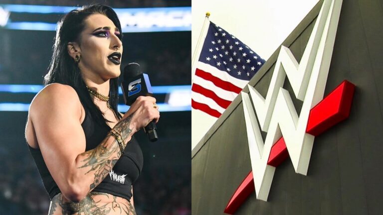 WWE HQ logo and Rhea Ripley