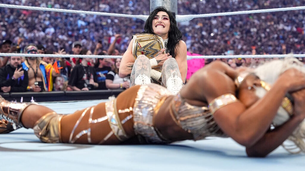 Jade Cargill and Rhea Ripley at WWE WrestleMania 42