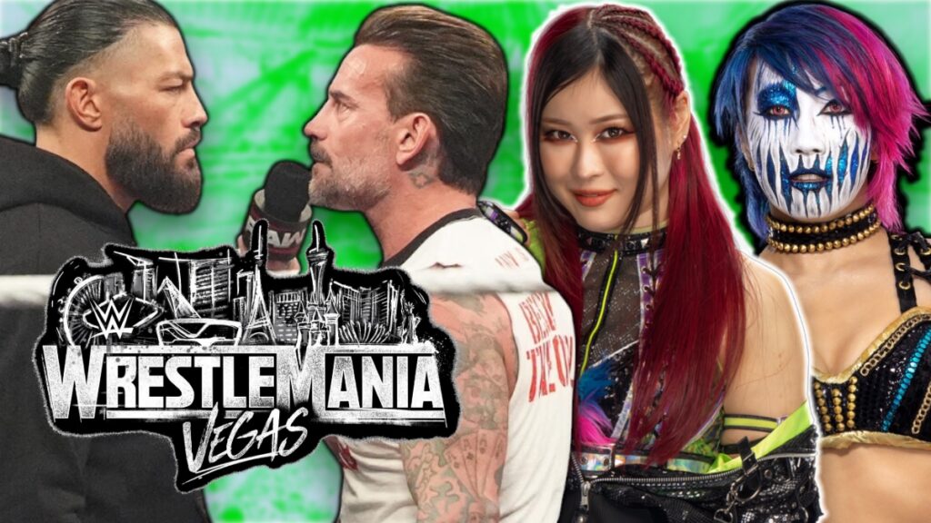 WWE WrestleMania 42 logo with Asuka, IYO SKY, Roman Reigns and CM Punk