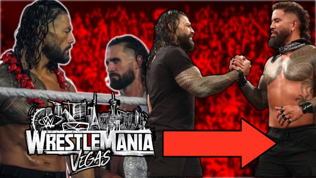 WWE WrestleMania 42 logo with Roman Reigns, Jey Uso and Seth Rollins