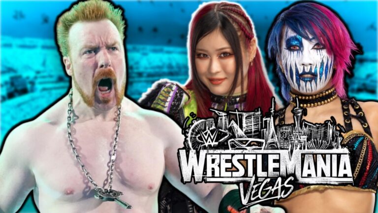 WWE WrestleMania 42 logo wth Sheamus, IYO SKY and Asuka