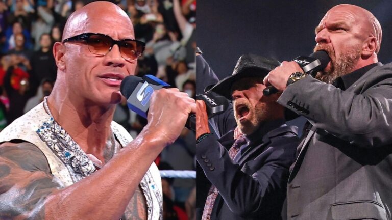 WWE's The Rock alongside Triple H and Shawn Michaels