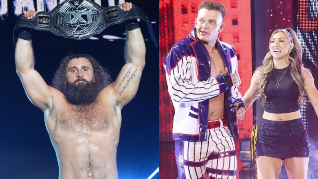 WWE NXT Champion Tony D'Angelo next to Channing 'Stacks' Lorenzo and Adriana Rizzo