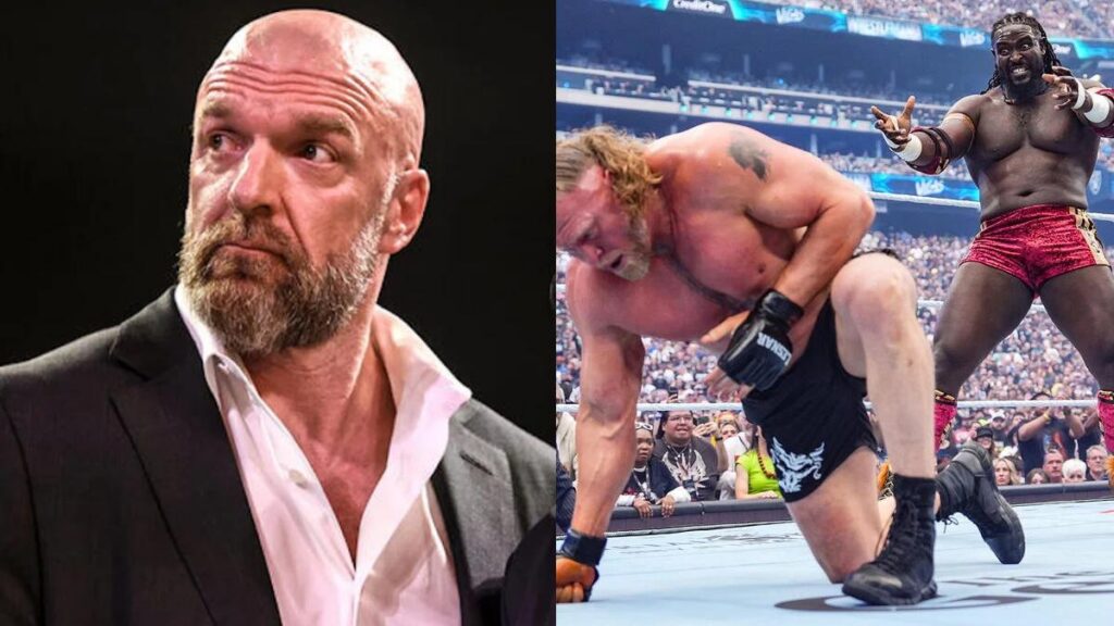 Triple H next to Brock Lesnar and Oba Femi at WrestleMania 42