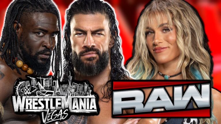 WWE Raw and WrestleMania logos, Roman Reigns, Oba Femi and Sol Ruca