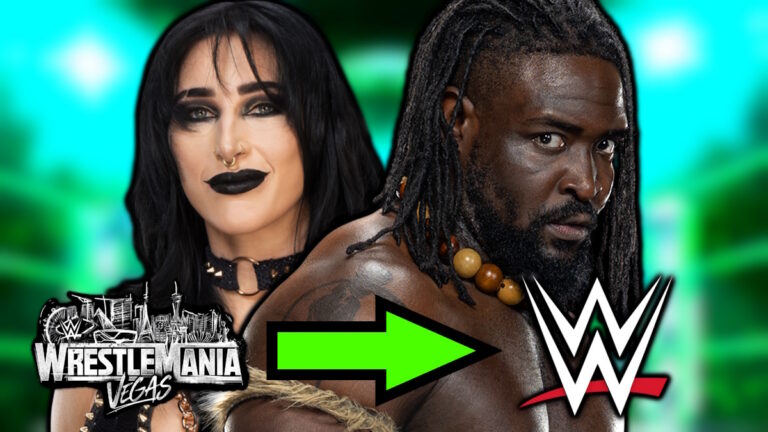 WWE and WrestleMania logos with Rhea Ripley and Oba Femi