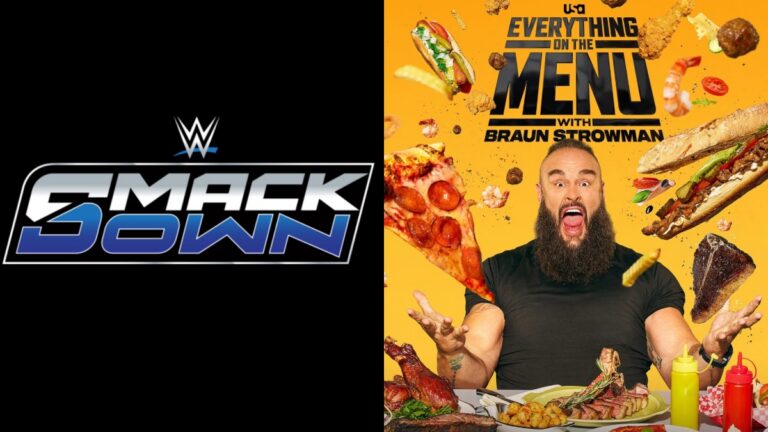 WWE SmackDown logo next to Everything on the Menu with Braun Strowman on USA Network