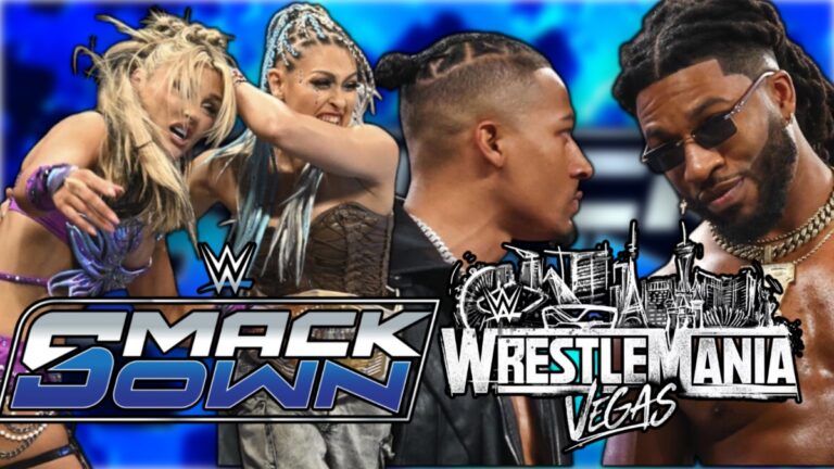 WWE WrestleMania 42 and SmackDown logos with Giulia, Tiffany Stratton, Carmelo Hayes and Trick Williams