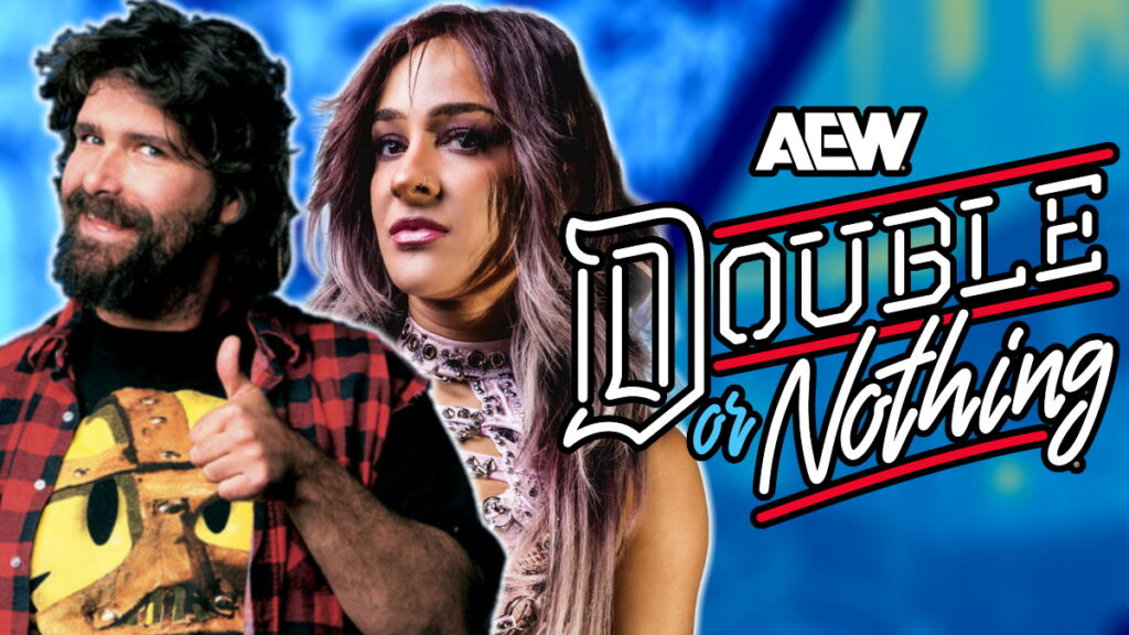 AEW Double or Nothing logo with Mick Foley and Charlie (Dakota Kai)