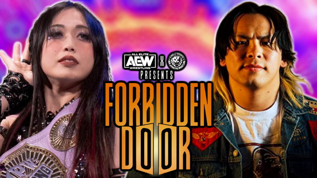 AEW x NJPW Forbidden Door logo with Saya Kamitani and Ryohei Oiwa