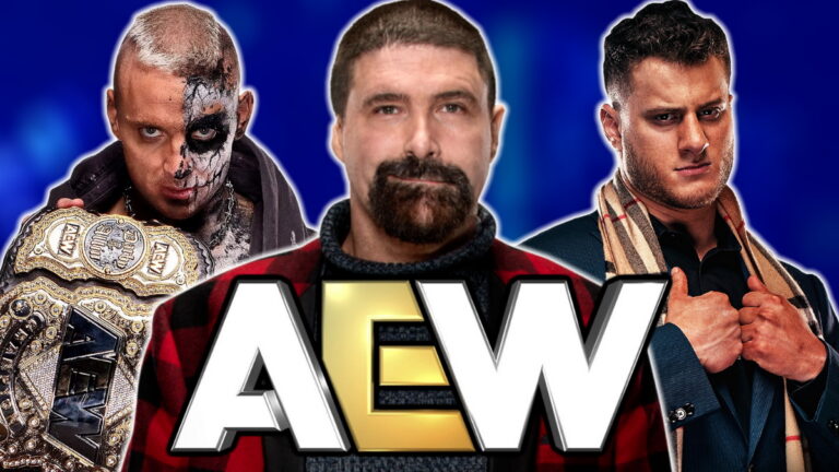 AEW logo with Mick Foley, MJF and Darby Allin
