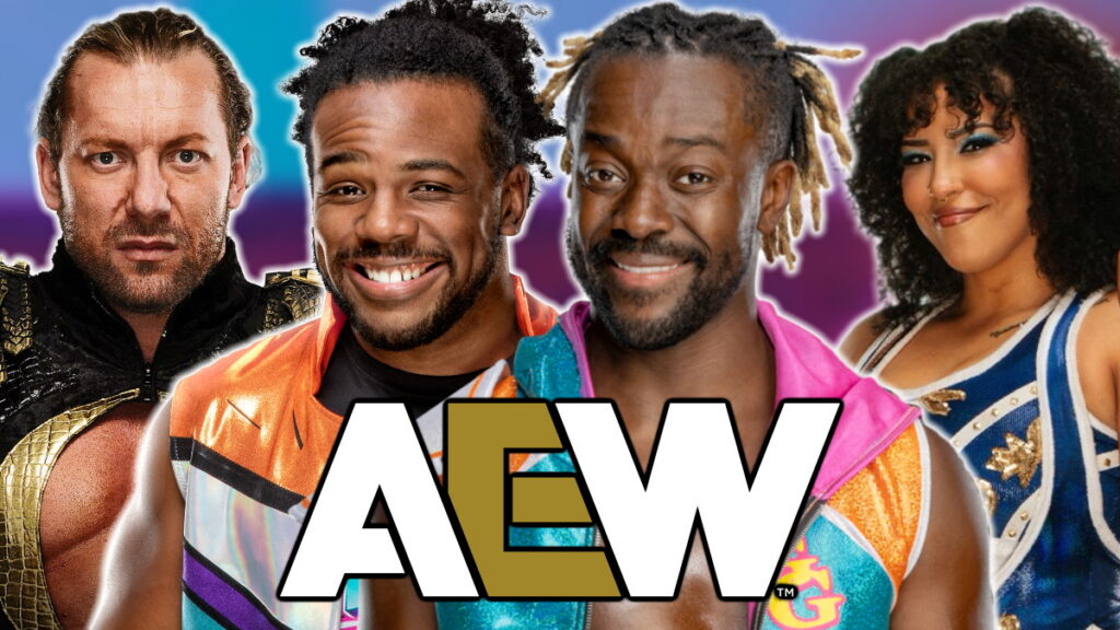AEW logo with Kofi Kingston, Xavier Woods, Kenny Omega and Willow Nightingale