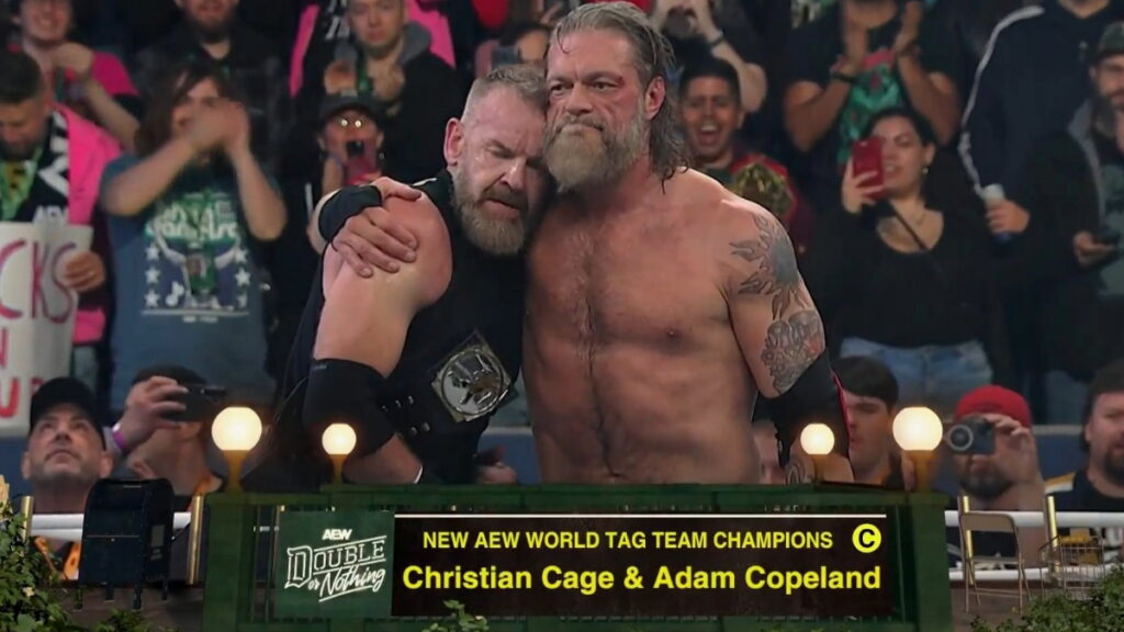 Adam Copeland and Christian Cage as AEW World Tag Team Champions at Double or Nothing