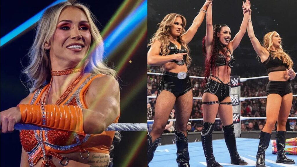 Charlotte Flair next to Fatal Influence (Jacy Jayne, Fallon Henley & Lainey Reid) on WWE SmackDown