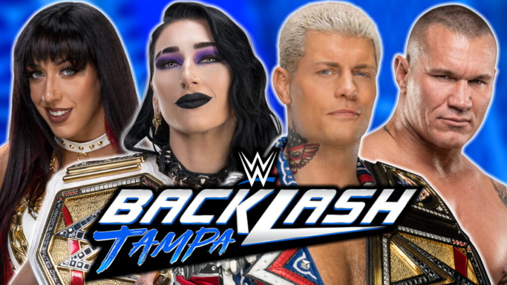 WWE Backlash logo with Cody Rhodes, Randy Orton, Rhea Ripley and Jacy Jayne