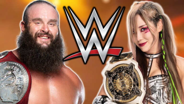 Braun Strowman, Kairi Sane and the WWE logo