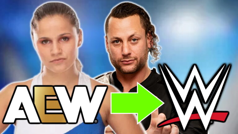 AEW and WWE logos with Leyla Hirsch and Matt Taven