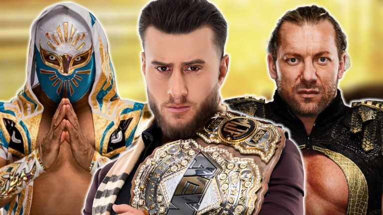 AEW World Champion MJF with Mistico and Kenny Omega