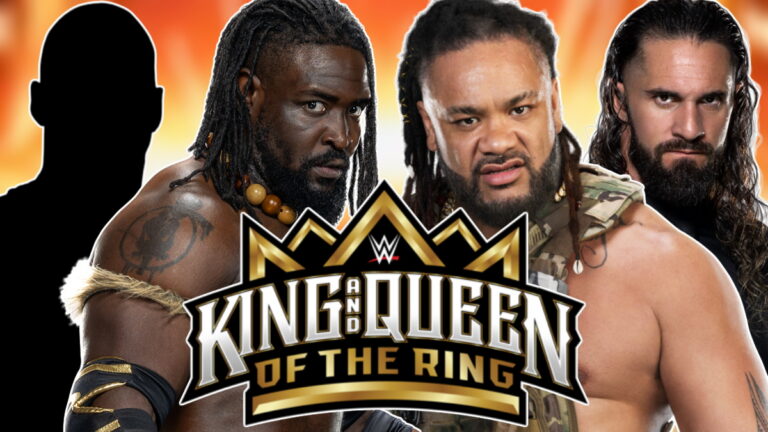 WWE King and Queen of the Ring logo with Oba Femi, Jacob Fatu and Seth Rollins
