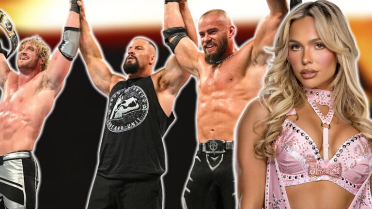 WWE's The Vision of Austin Theory, Logan Paul and Bron Breakker with Maxxine Dupri