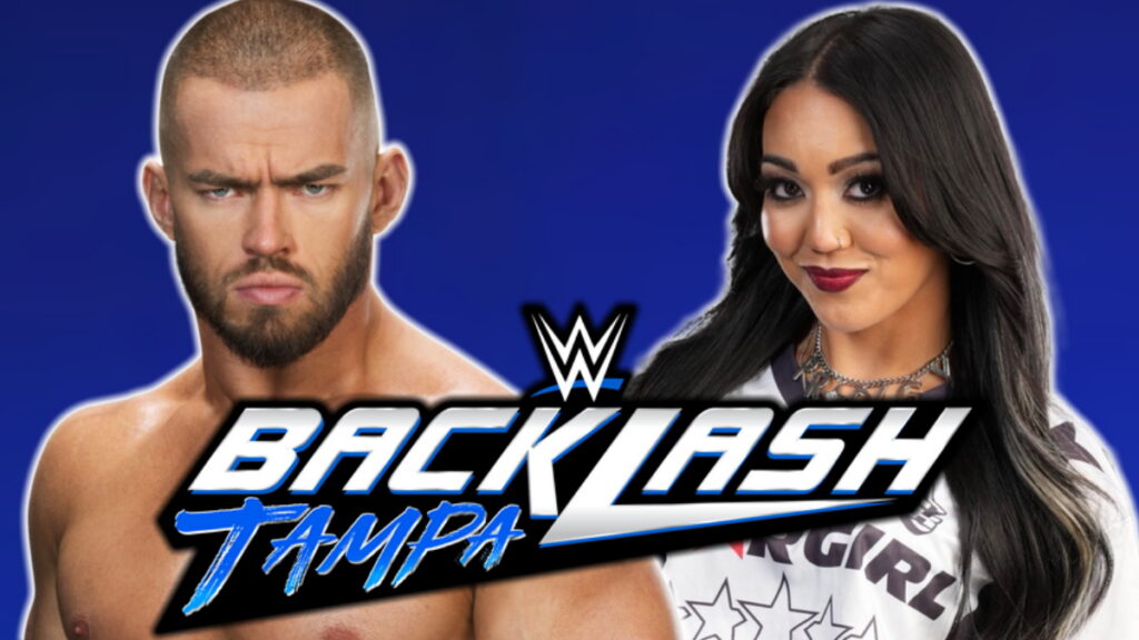 WWE Backlash logo, Austin Theory and Roxanne Perez