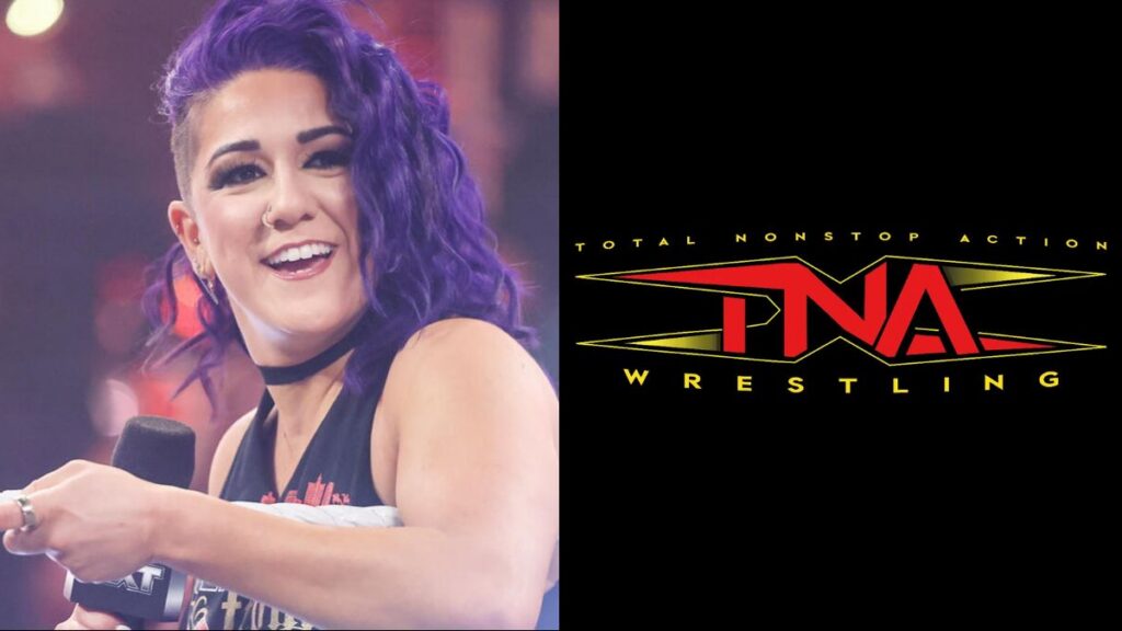 WWE star Bayley next to the TNA Wrestling logo