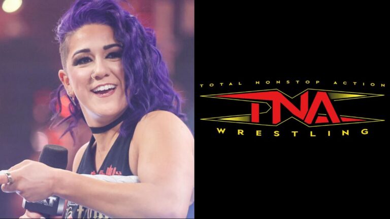 WWE star Bayley next to the TNA Wrestling logo