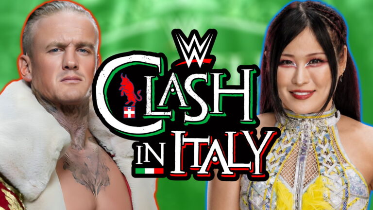 WWE Clash In Italy logo, Ilja Dragunov and IYO SKY