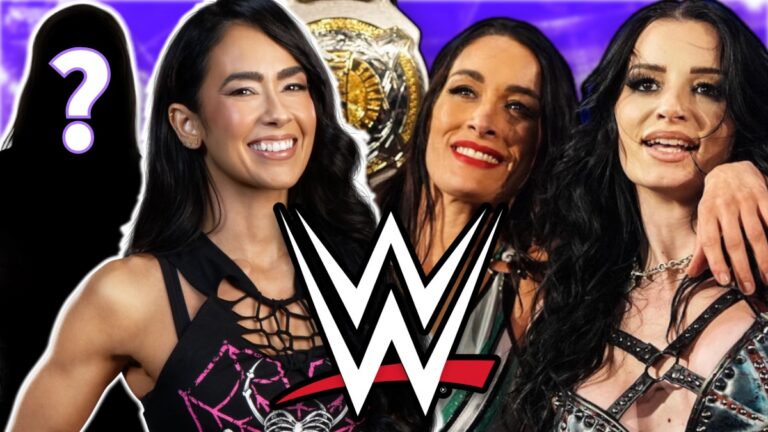 WWE logo with AJ Lee, Paige and Brie Bella